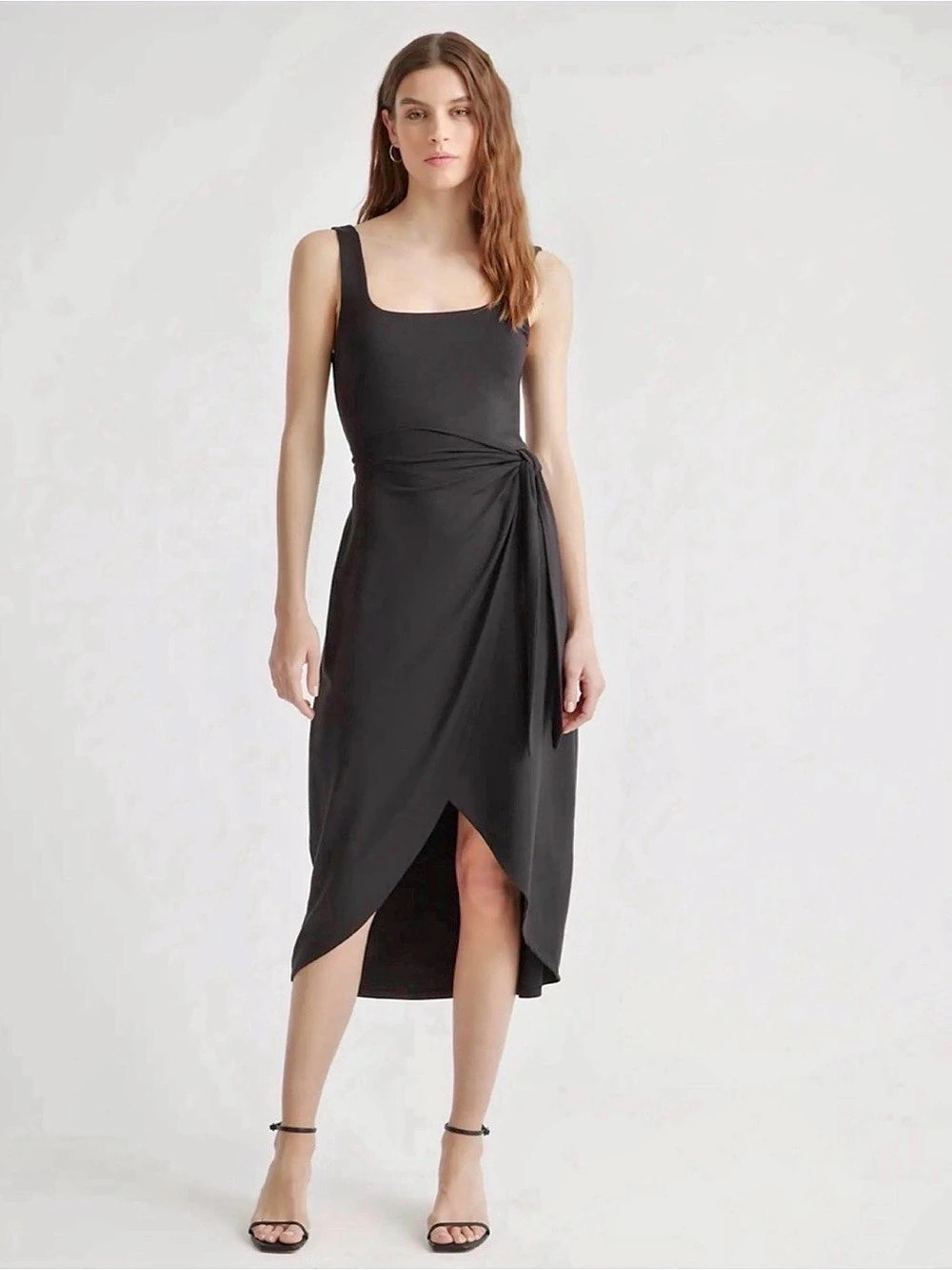Quince Tencel Jersey Side Tie Midi Dress in Black